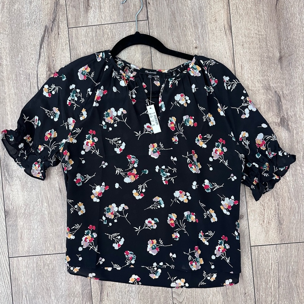 Madewell Floral Ruffle Sleeve Silk Blouse